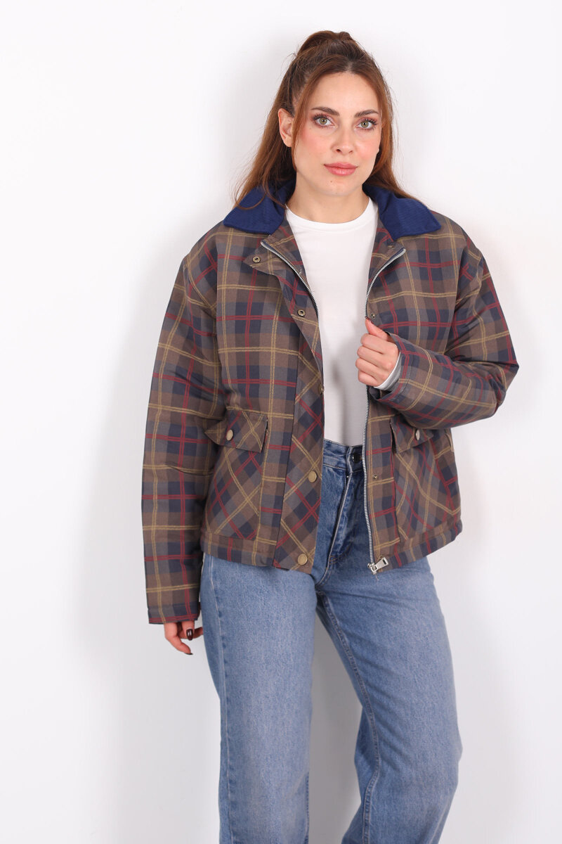 Yakalı Kadife Çift Cepli Haki Kadın Ekose Mont - 1