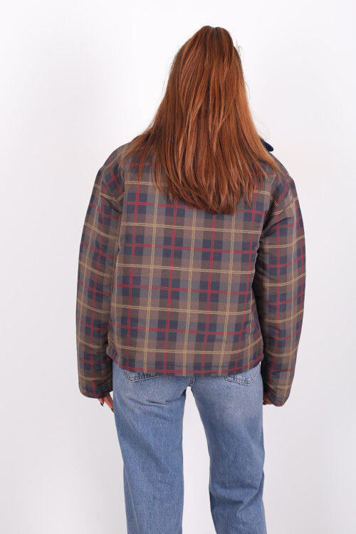 Yakalı Kadife Çift Cepli Haki Kadın Ekose Mont - 6