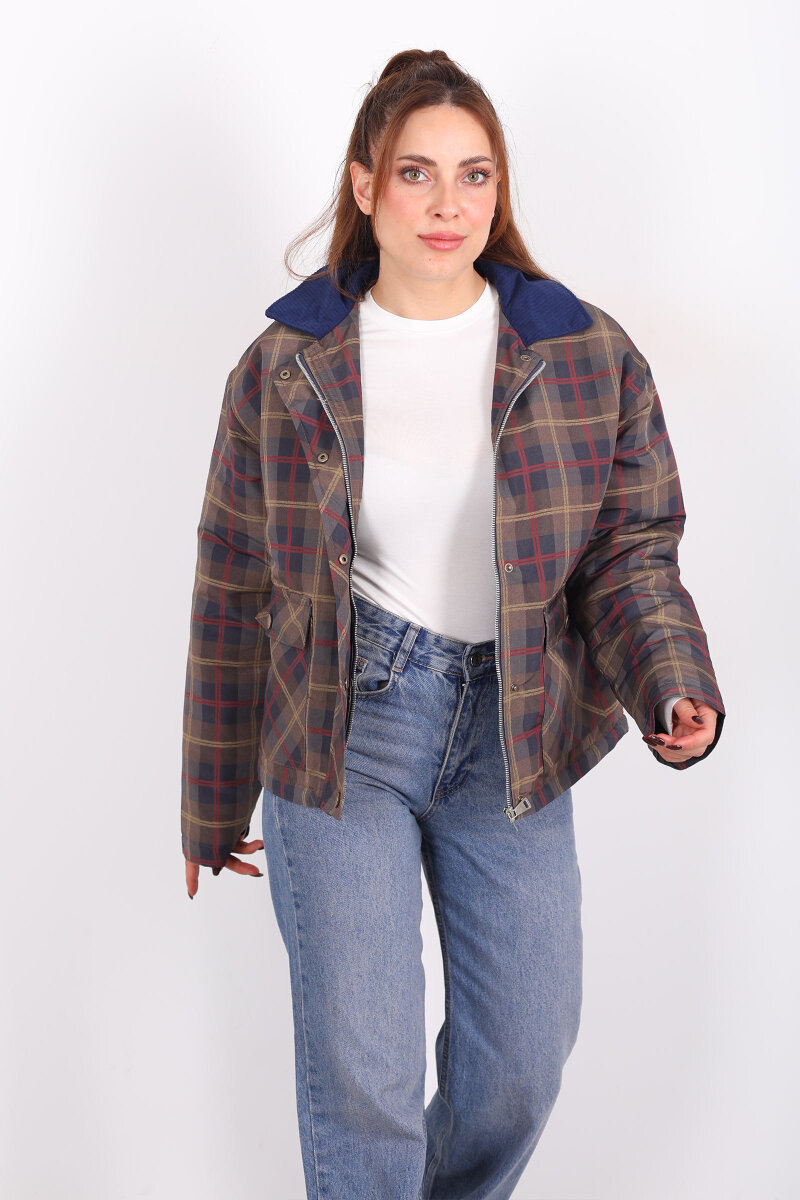 Yakalı Kadife Çift Cepli Haki Kadın Ekose Mont - 4