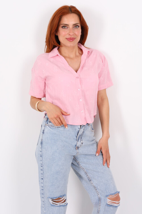 Yakalı Kısa Kol Pembe Kadın Fisto Gömlek - 3