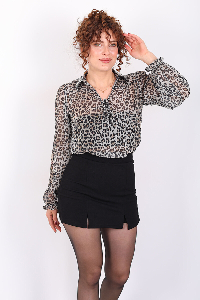 Yakası Bağcıklı Transparan Kadın Leopar Bluz - 1