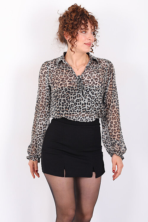 Yakası Bağcıklı Transparan Kadın Leopar Bluz - 5