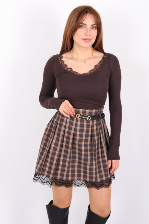 Yakası Dantelli Kahverengi Kadın Bluz - 3