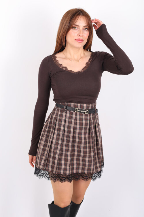 Yakası Dantelli Kahverengi Kadın Bluz - Berox