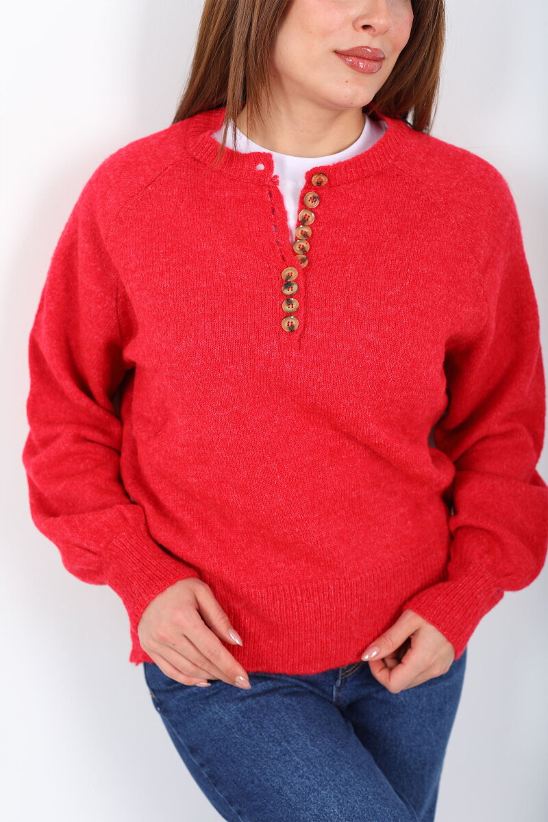 Yakası Düğmeli Balon Kol Kadın Kırmızı Triko Kazak - 2