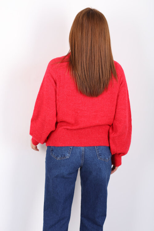 Yakası Düğmeli Balon Kol Kadın Kırmızı Triko Kazak - 5