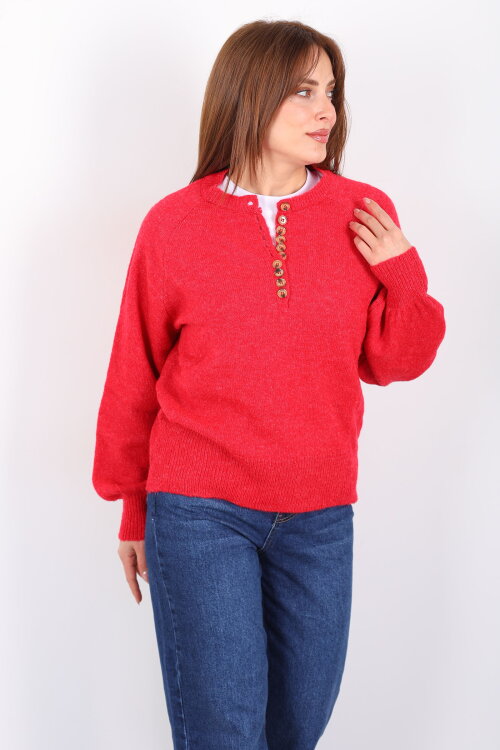 Yakası Düğmeli Balon Kol Kadın Kırmızı Triko Kazak - 6