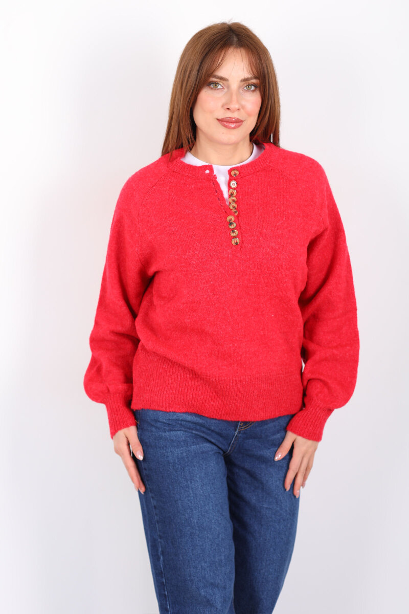 Yakası Düğmeli Balon Kol Kadın Kırmızı Triko Kazak - 4