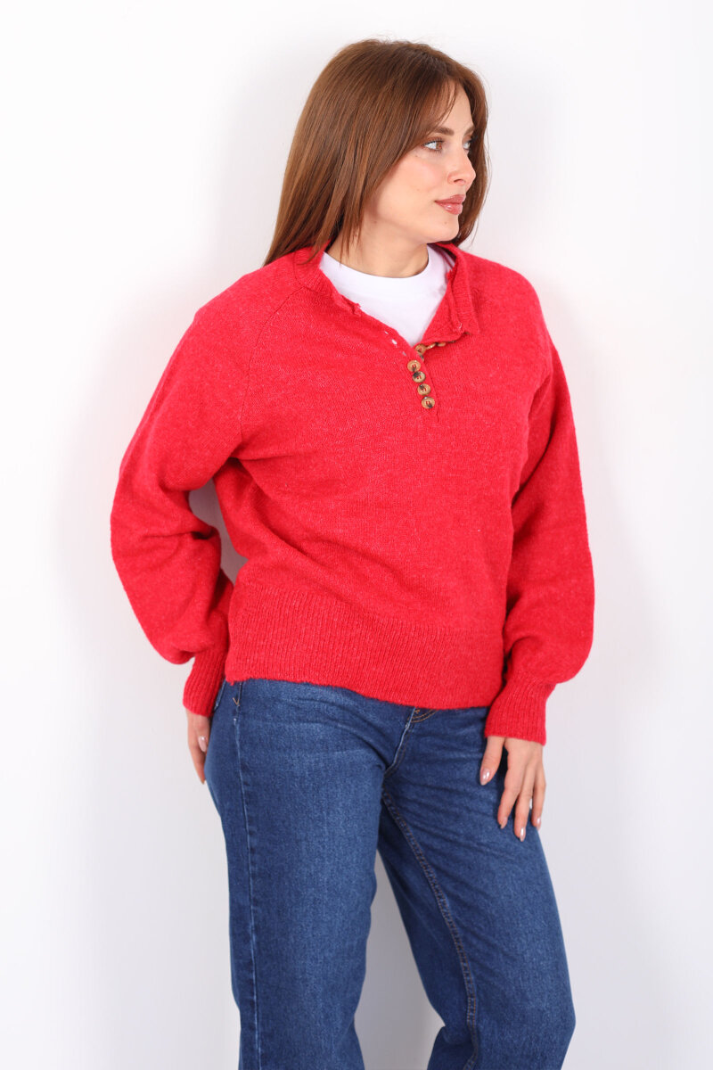Yakası Düğmeli Balon Kol Kadın Kırmızı Triko Kazak - 3