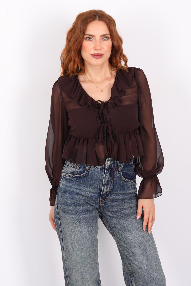 Yakası Fırfırlı Acı Kahve Kadın Şifon Bluz - 7
