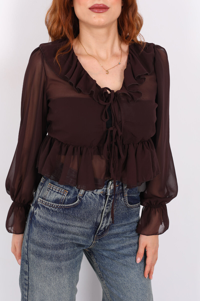 Yakası Fırfırlı Acı Kahve Kadın Şifon Bluz - 2