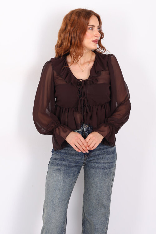Yakası Fırfırlı Acı Kahve Kadın Şifon Bluz - 3