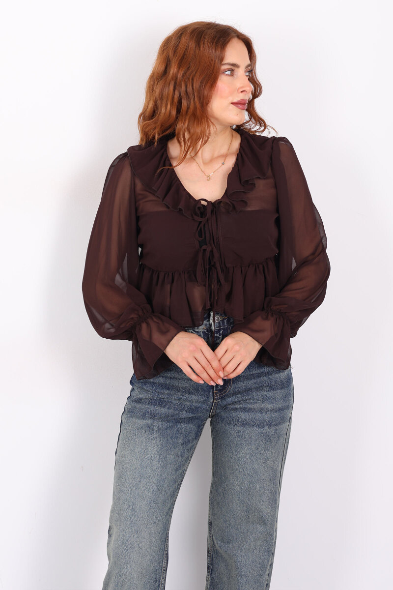 Yakası Fırfırlı Acı Kahve Kadın Şifon Bluz - 3