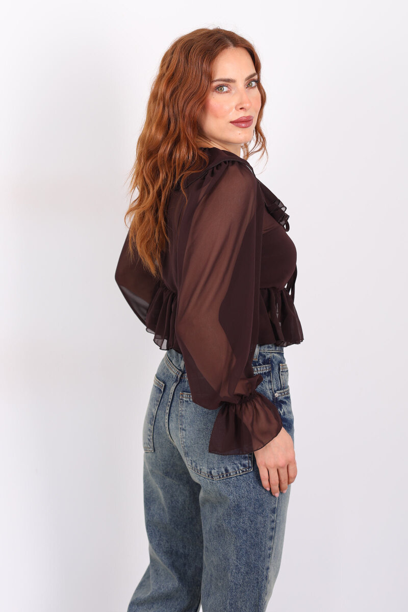 Yakası Fırfırlı Acı Kahve Kadın Şifon Bluz - 5
