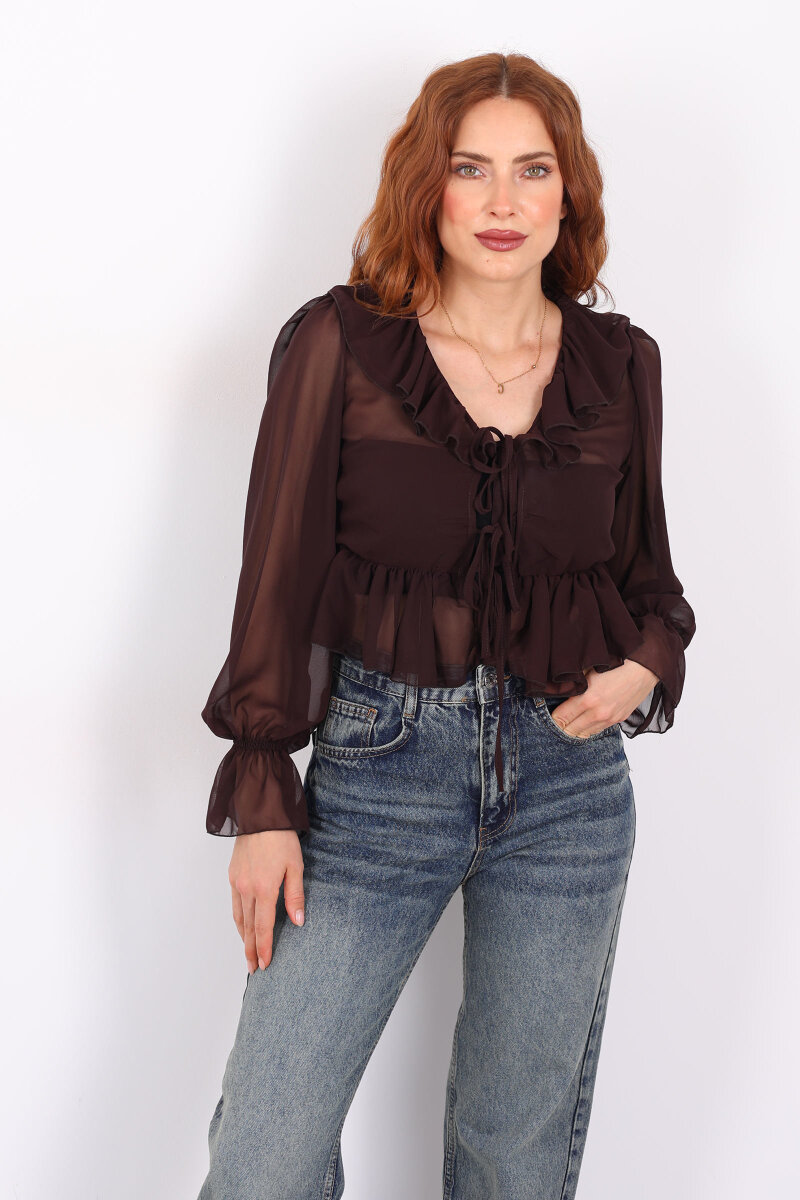 Yakası Fırfırlı Acı Kahve Kadın Şifon Bluz - 1