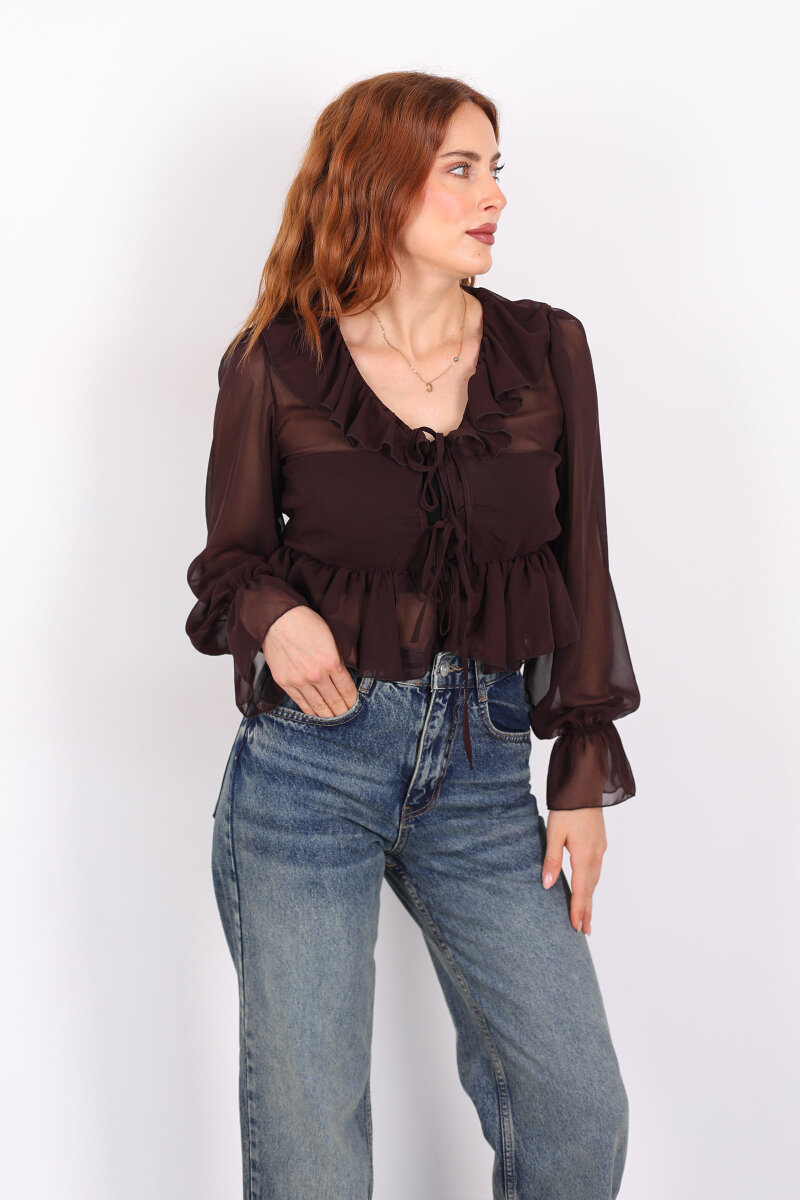 Yakası Fırfırlı Acı Kahve Kadın Şifon Bluz - 6