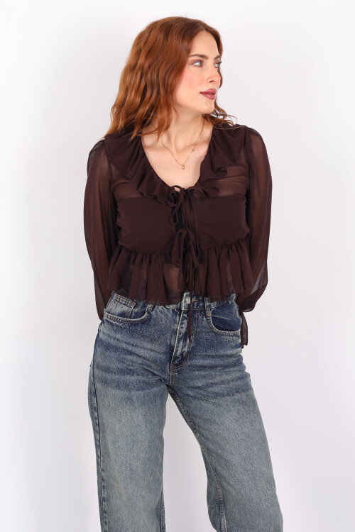 Yakası Fırfırlı Acı Kahve Kadın Şifon Bluz - 4