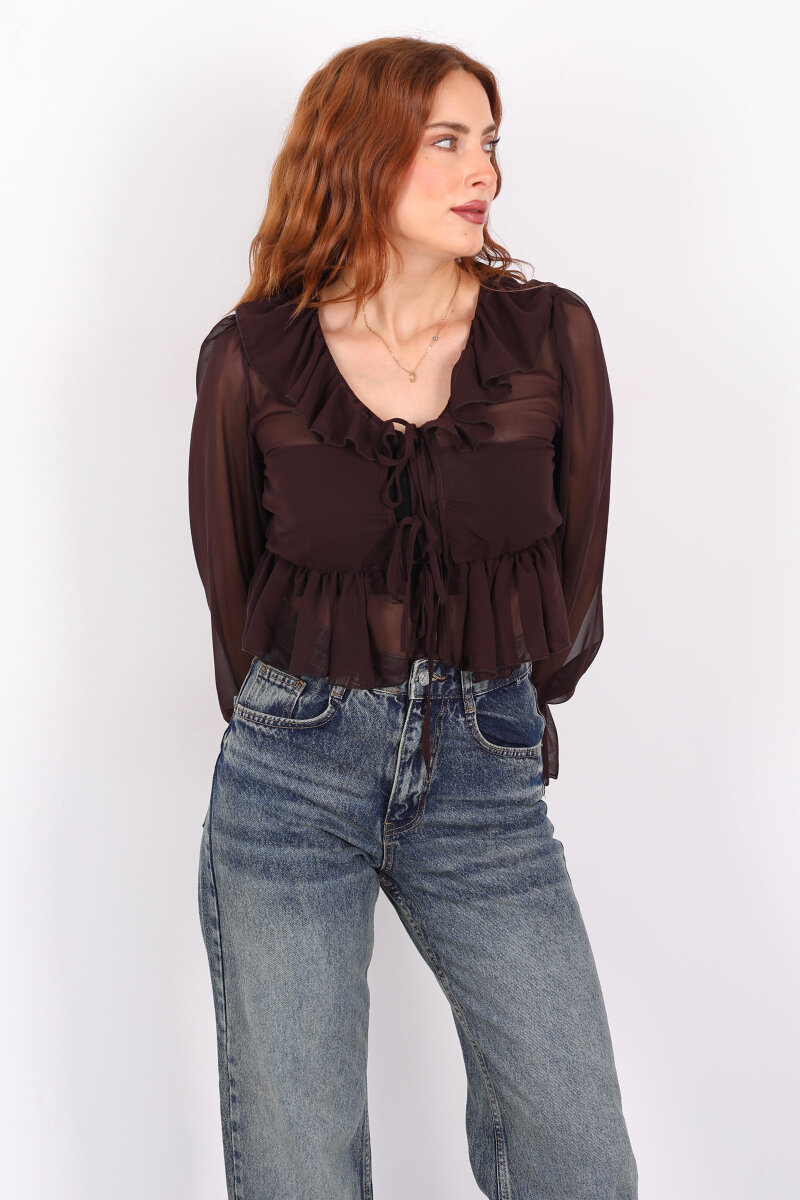 Yakası Fırfırlı Acı Kahve Kadın Şifon Bluz - 4