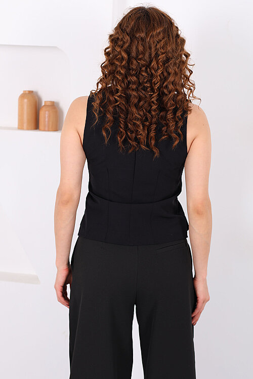 Yakası Fırfırlı Fleto Cepli Kadın Siyah Asimetrik Yelek - 5