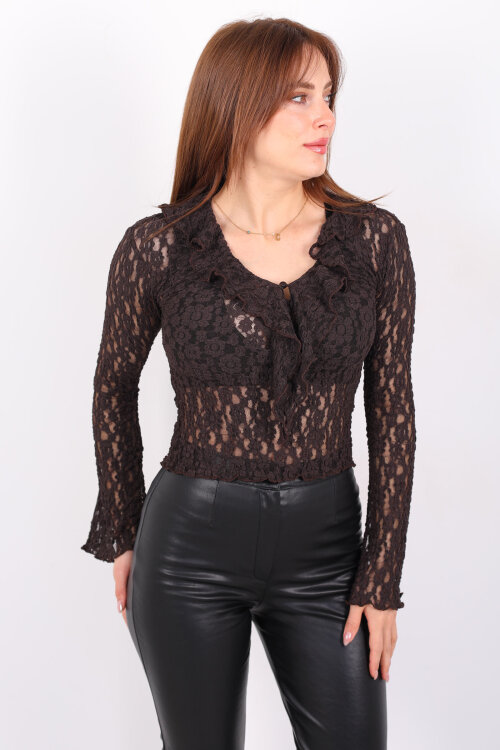 Yakası Fırfırlı İspanyol Kol Acı Kahve Kadın Dantel Bluz - 3
