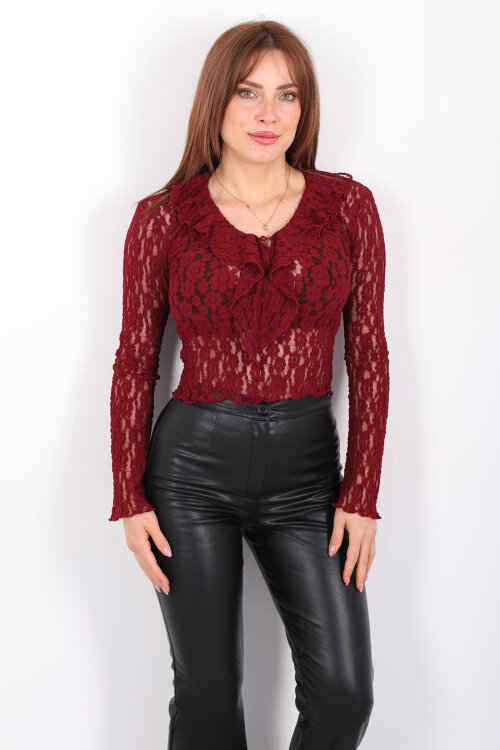 Yakası Fırfırlı İspanyol Kol Bordo Kadın Dantel Bluz - 4