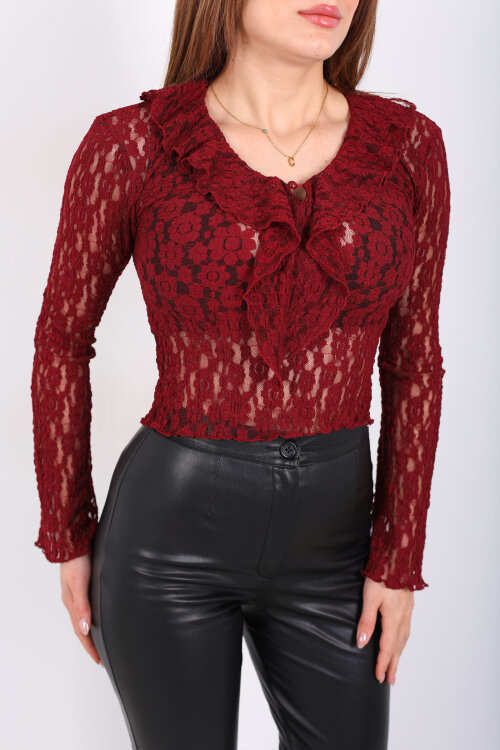 Yakası Fırfırlı İspanyol Kol Bordo Kadın Dantel Bluz - Berox (1)