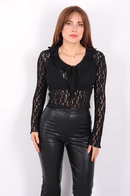 Yakası Fırfırlı İspanyol Kol Siyah Kadın Dantel Bluz - 6