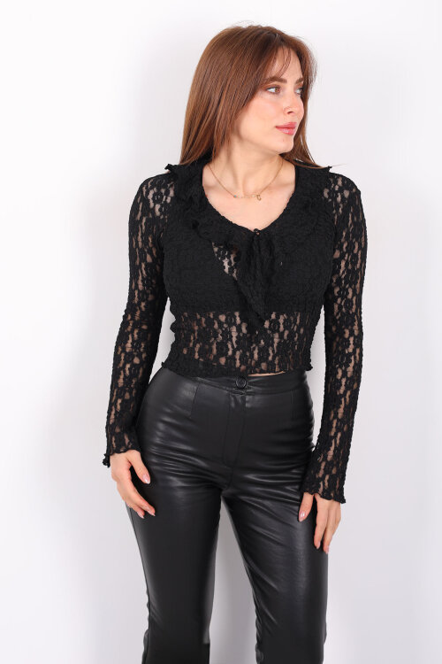 Yakası Fırfırlı İspanyol Kol Siyah Kadın Dantel Bluz - 4