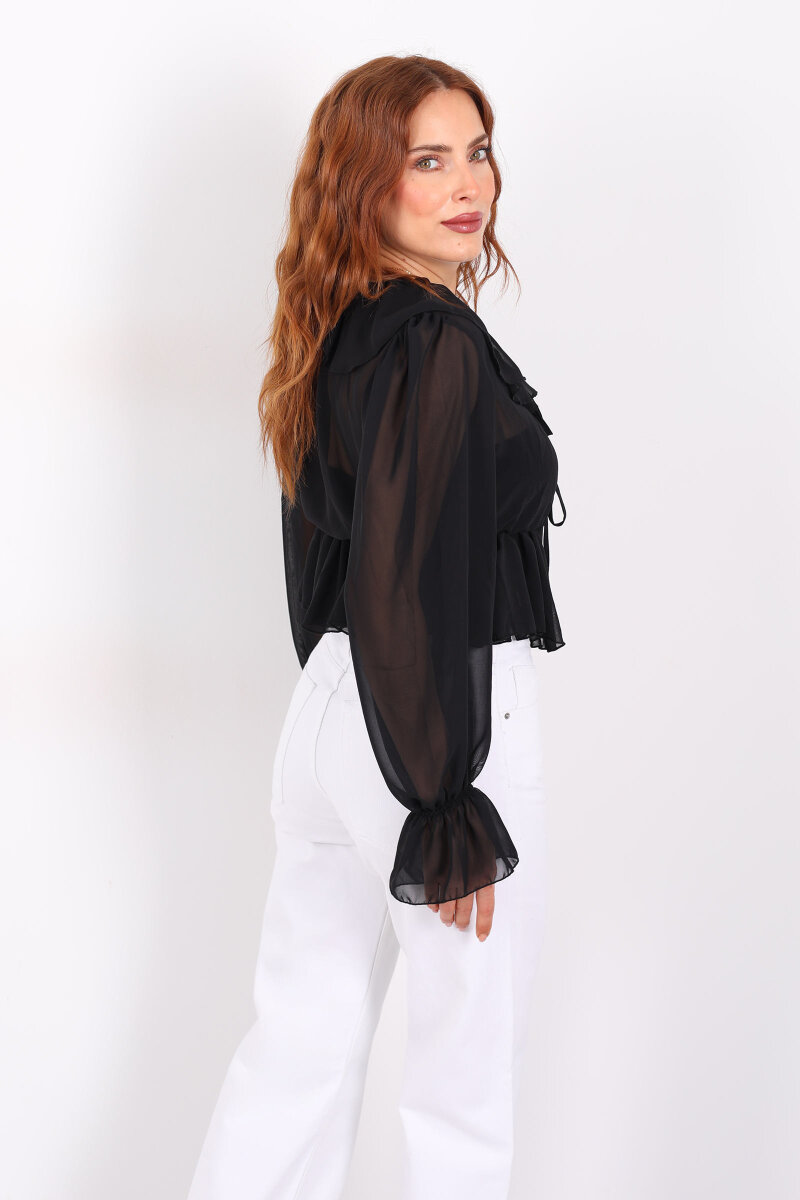 Yakası Fırfırlı Siyah Kadın Şifon Bluz - 5