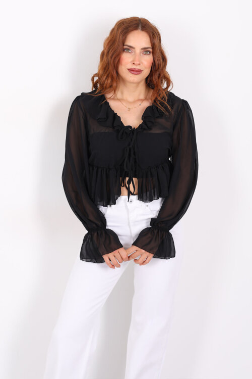 Yakası Fırfırlı Siyah Kadın Şifon Bluz - Berox