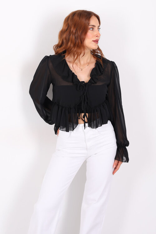 Yakası Fırfırlı Siyah Kadın Şifon Bluz - 6