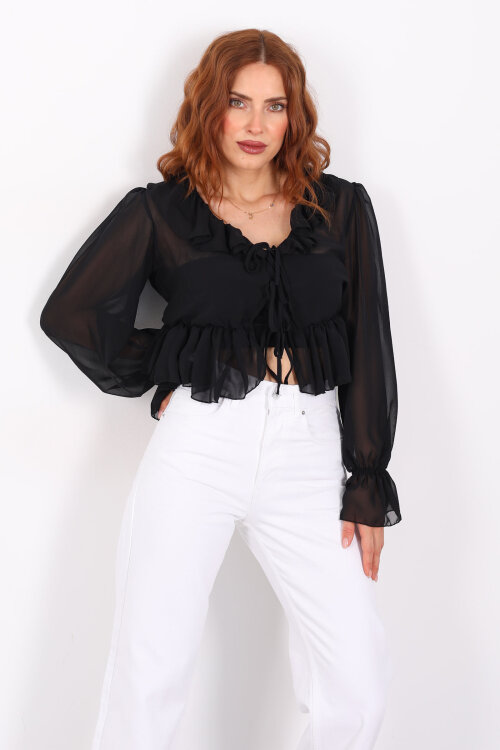 Yakası Fırfırlı Siyah Kadın Şifon Bluz - 3