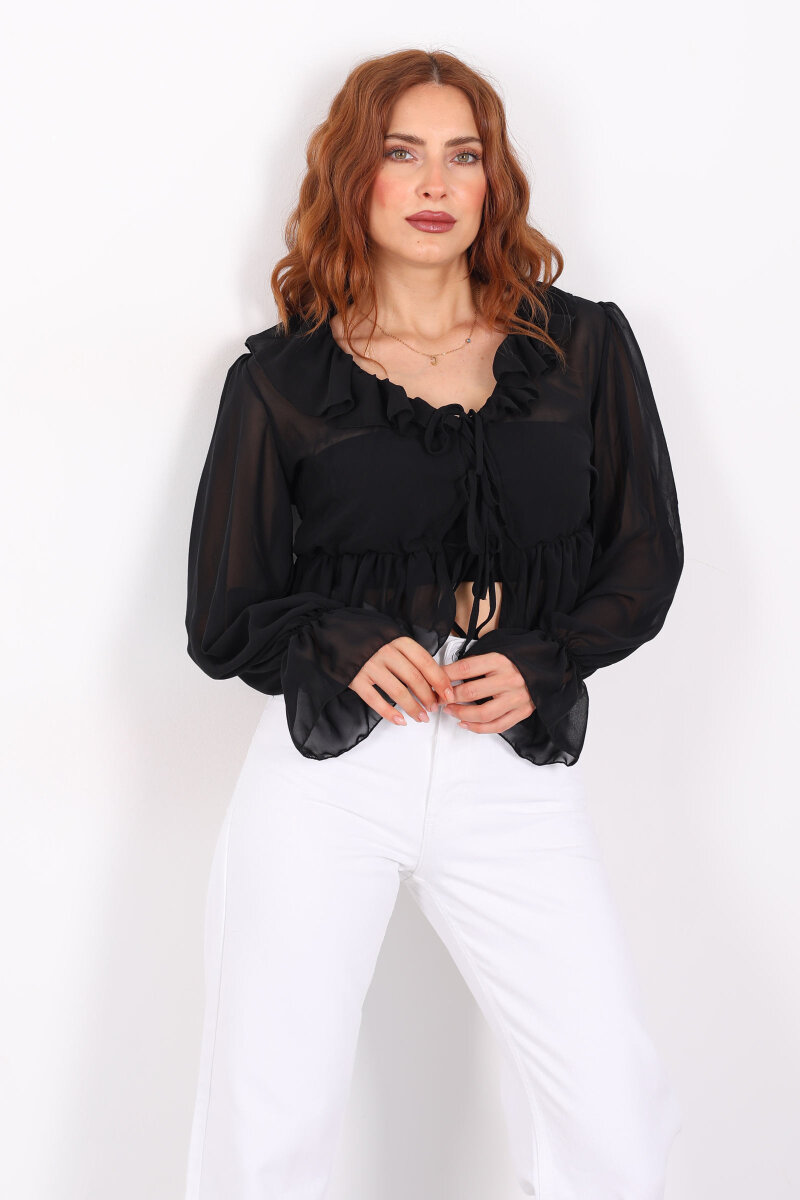 Yakası Fırfırlı Siyah Kadın Şifon Bluz - 4