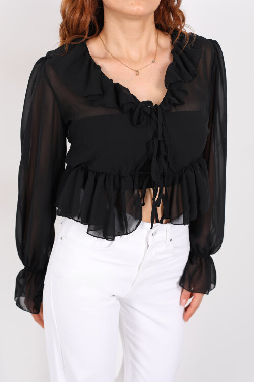 Yakası Fırfırlı Siyah Kadın Şifon Bluz - Berox (1)