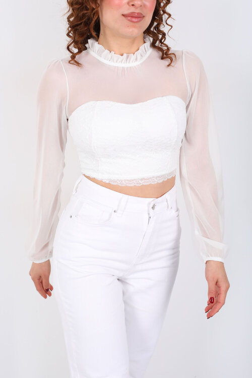 Yakası Fırfırlı Tül Detaylı Beyaz Kadın Dantel Bluz - 4