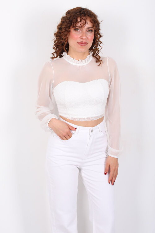 Yakası Fırfırlı Tül Detaylı Beyaz Kadın Dantel Bluz - 5