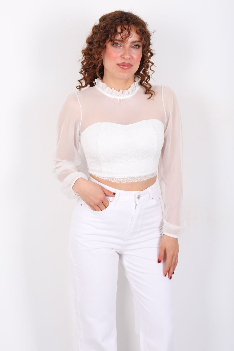 Yakası Fırfırlı Tül Detaylı Beyaz Kadın Dantel Bluz - 5