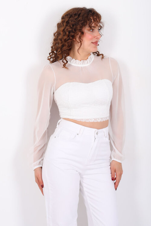 Yakası Fırfırlı Tül Detaylı Beyaz Kadın Dantel Bluz - 6