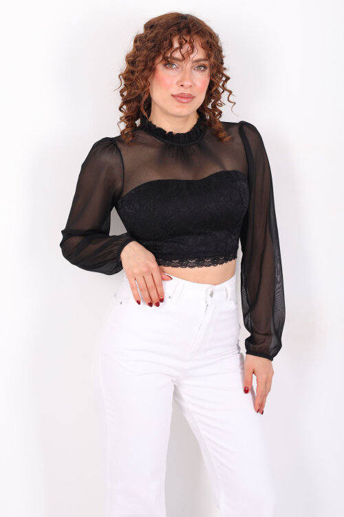 Yakası Fırfırlı Tül Detaylı Siyah Kadın Dantel Bluz - Berox