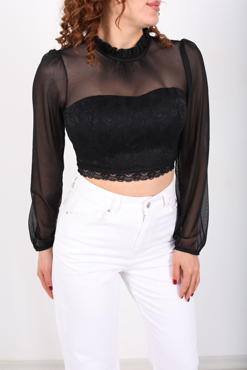 Yakası Fırfırlı Tül Detaylı Siyah Kadın Dantel Bluz - 5