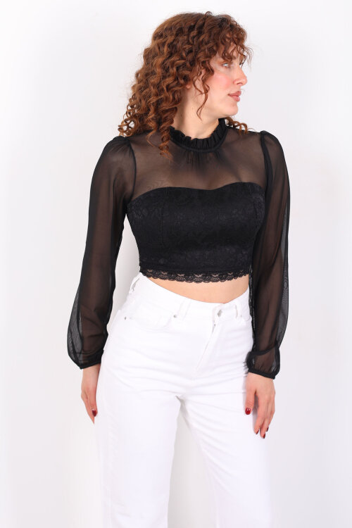 Yakası Fırfırlı Tül Detaylı Siyah Kadın Dantel Bluz - 3