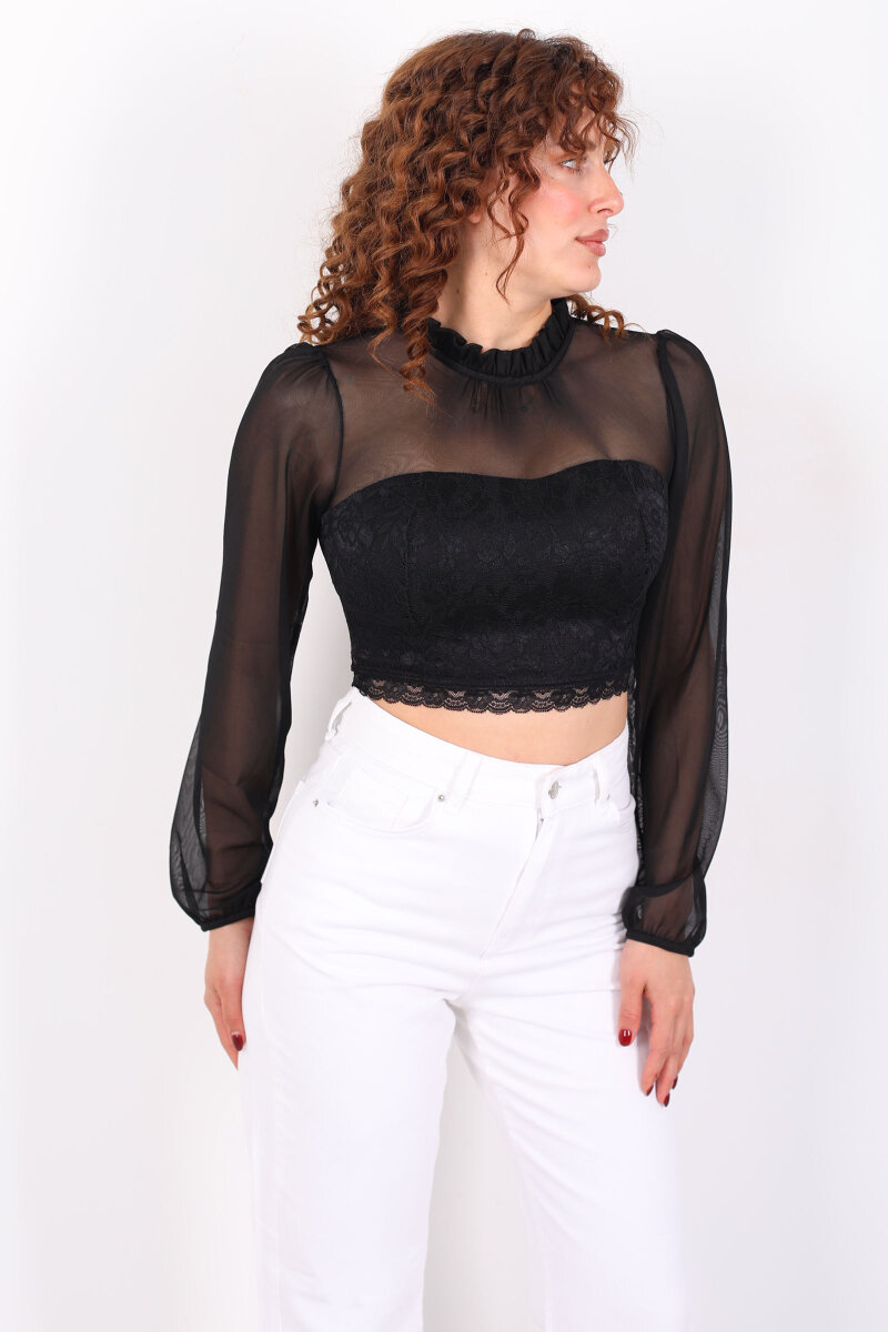 Yakası Fırfırlı Tül Detaylı Siyah Kadın Dantel Bluz - 3