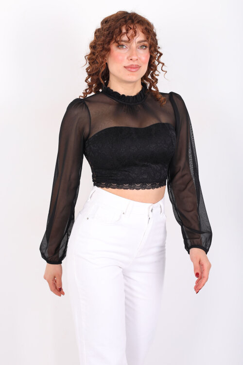 Yakası Fırfırlı Tül Detaylı Siyah Kadın Dantel Bluz - 6