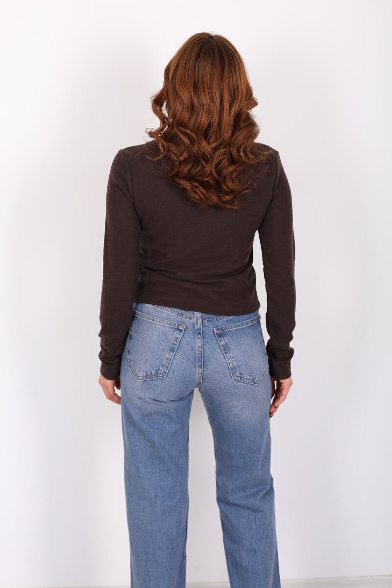 Yakası Fularlı Acı Kahve Kadın Selanik Bluz - 4