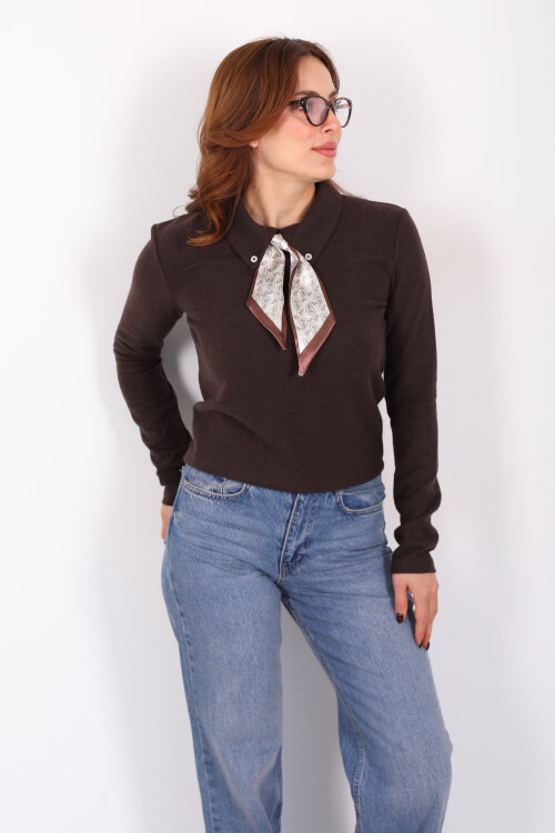 Yakası Fularlı Acı Kahve Kadın Selanik Bluz - Berox