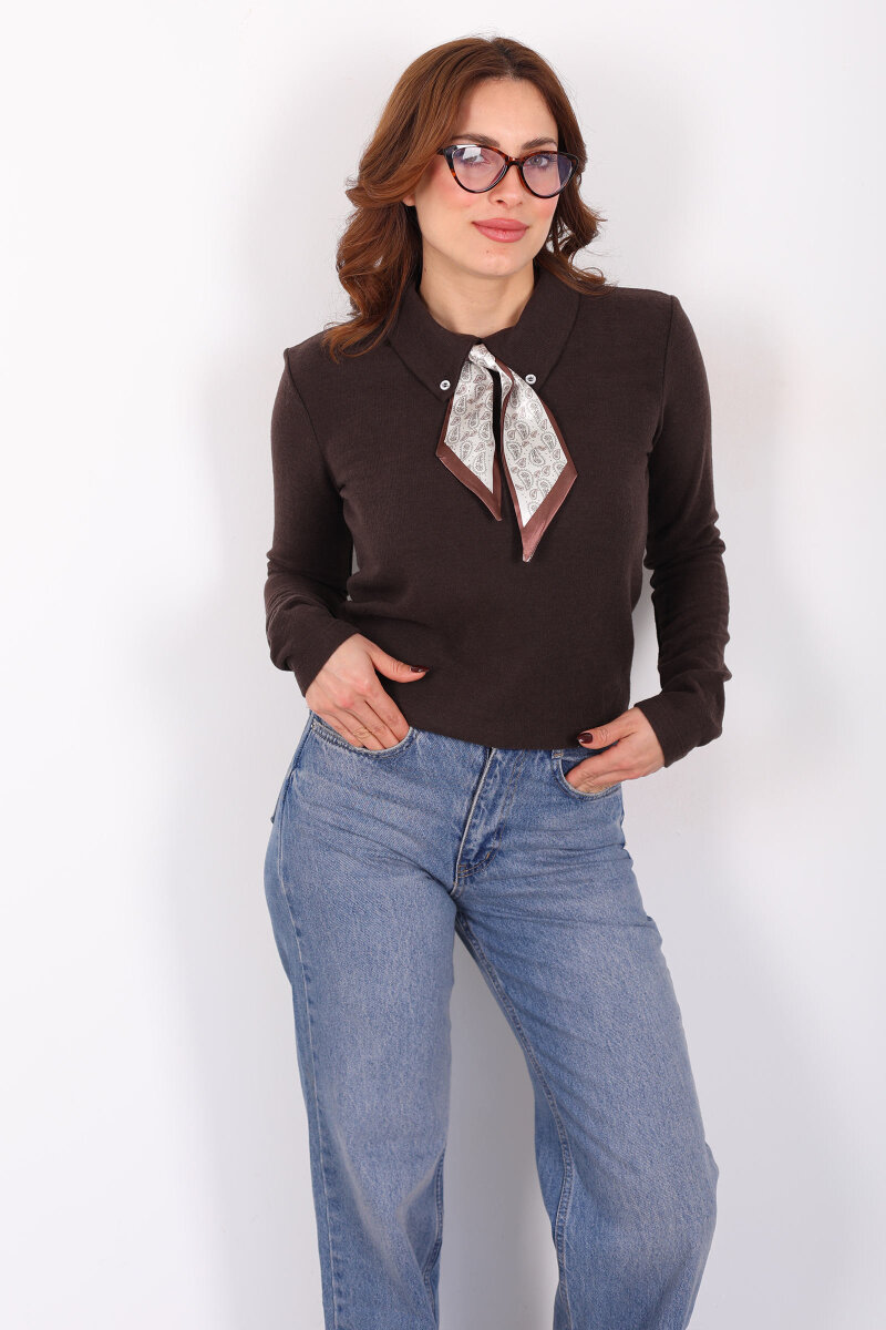 Yakası Fularlı Acı Kahve Kadın Selanik Bluz - 5