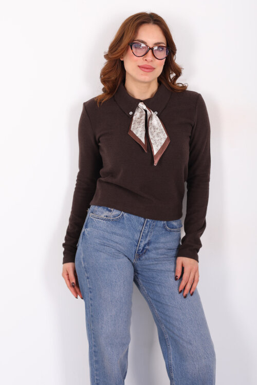 Yakası Fularlı Acı Kahve Kadın Selanik Bluz - 3