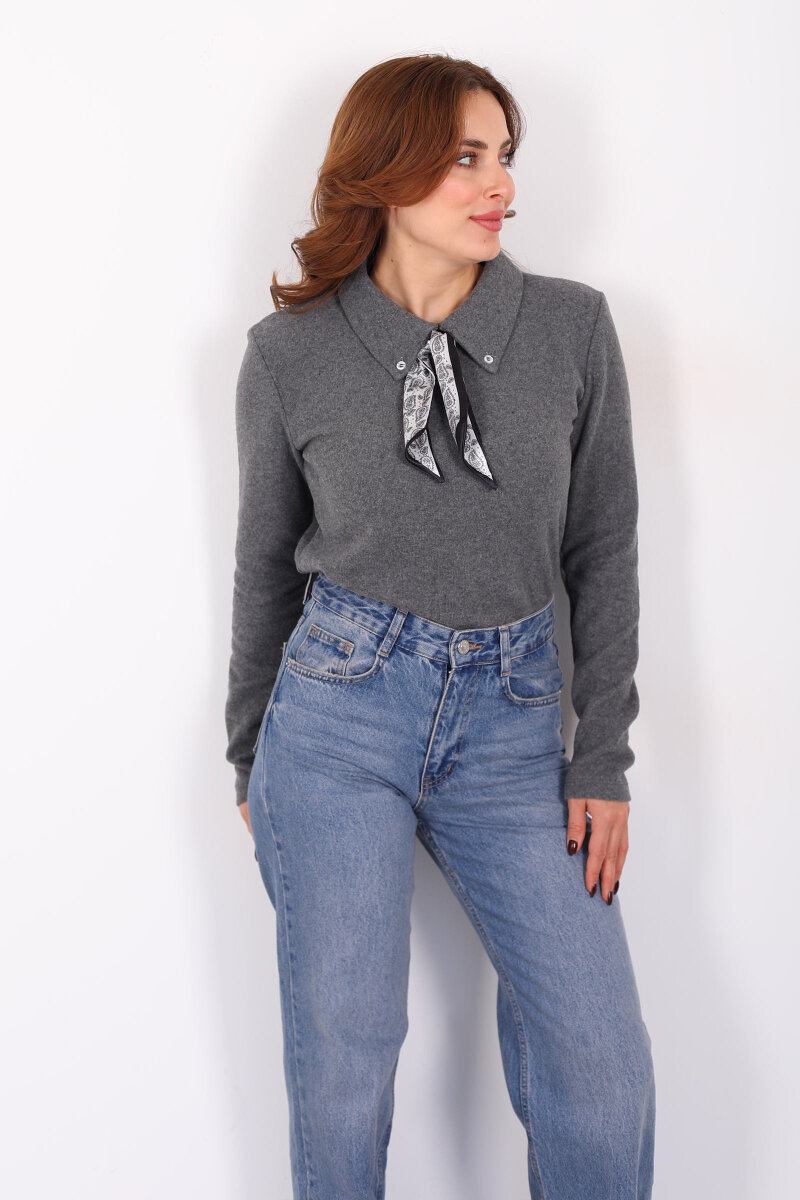 Yakası Fularlı Antrasit Kadın Selanik Bluz - 4