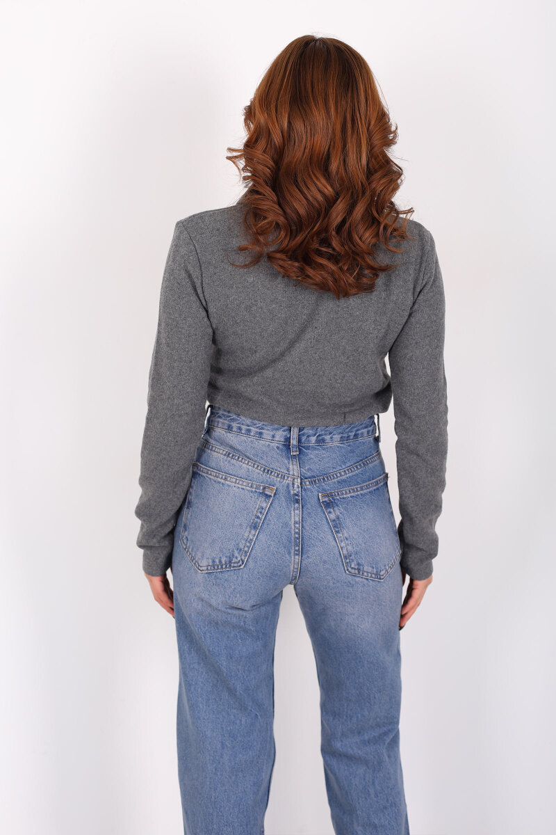 Yakası Fularlı Antrasit Kadın Selanik Bluz - 5