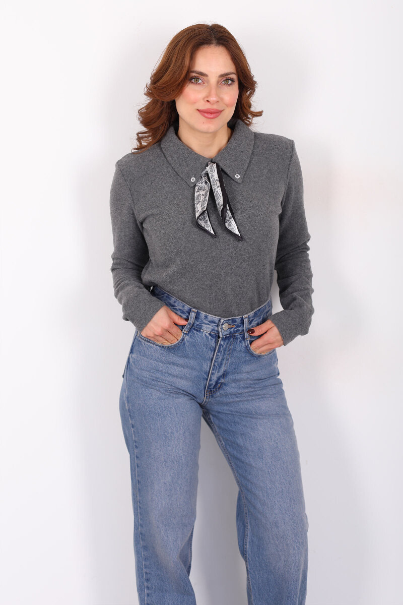 Yakası Fularlı Antrasit Kadın Selanik Bluz - 3